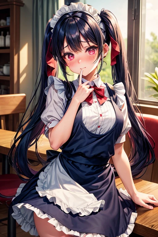 One woman,Cafe Waitress,Navy Blue Hair,Twin tails,big tail,Red Lolita Maid,apron,Deep pink eyes,blush,Embarrassed face,Looking this way