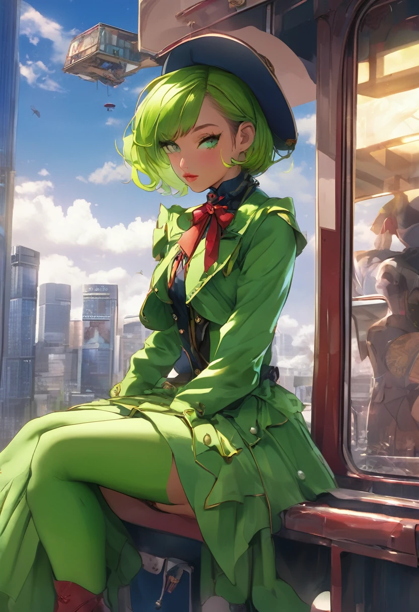 (cowboy shoot), NRF, (Masterpiece), (best quality:1.0), (very high:1.0), Detailed eyes, Take a break , Miss Martian YJ, green skin, short hair, 1 girl, sweet_Lolita, Take a break, (road, In the building, Beautiful view)