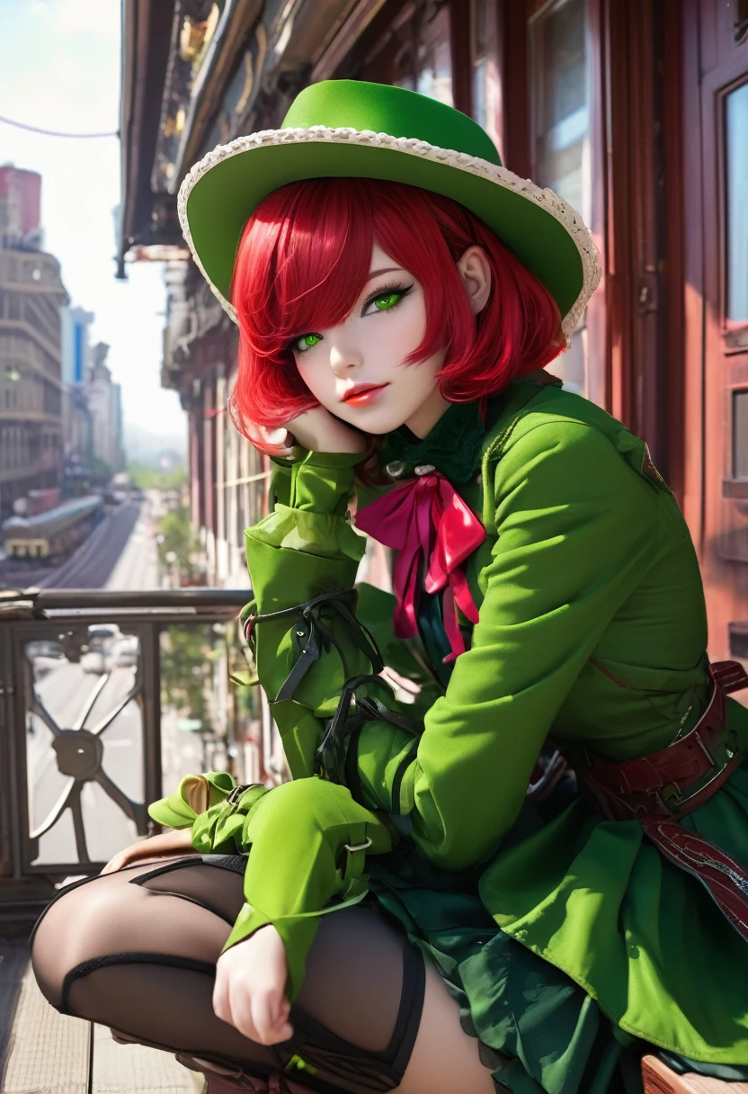 (cowboy shoot), NRF,  (Masterpiece), (best quality:1.0), (very high:1.0), Detailed eyes, Take a break , Miss Martian YJ, green skin, short hair, 1 girl, sweet_ta, Take a break, (road, In the building,  Beautiful view)