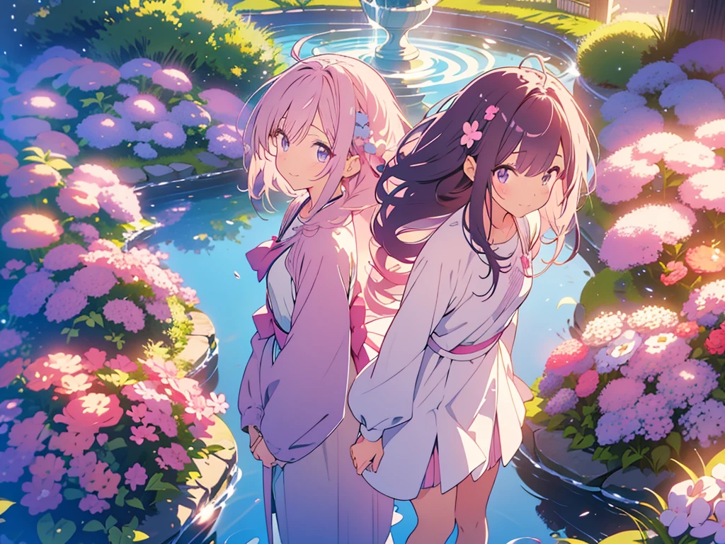 kawaii, anime, Cute, hyper quality, highly detailed, 8k, Clarity, Draw facial expressions in detail, A woman with long light pink hair and eyes, mature, look back at the front, suspicious smile, mischievous spirit, classic long dress, Dark purple and white moss phlox flowers cover the ground, grassy park date, Dark purple and white moss phlox covers the ground, fountain, stand with your hands behind your back, brick road, Flowers wet with dew, clear sky, whole body, black knee high socks, hairpin, turn over,