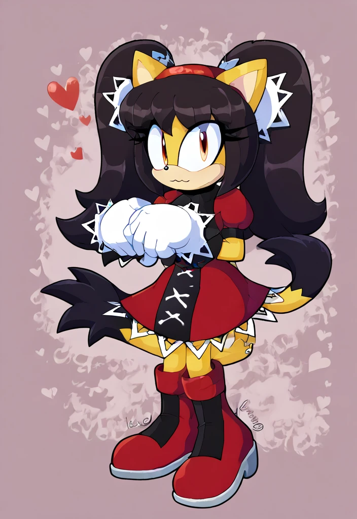 score_9, score_8_up, 2D, looking at viewer, 1girl, very detailed, honey the cat from the sonic the hedgehog series, full body, wide hips, narrow waist, curvy body, red dress, big , frilly hair ties, open mout, open hands, wide eyes, black hair, twin tails hair, red dress with a white trim, heart-shaped part in clothes, heart-shaped part in cloth, red boots whit white cuffs, red headband, white gloves white red cuffs, black stockings, sem fundo,