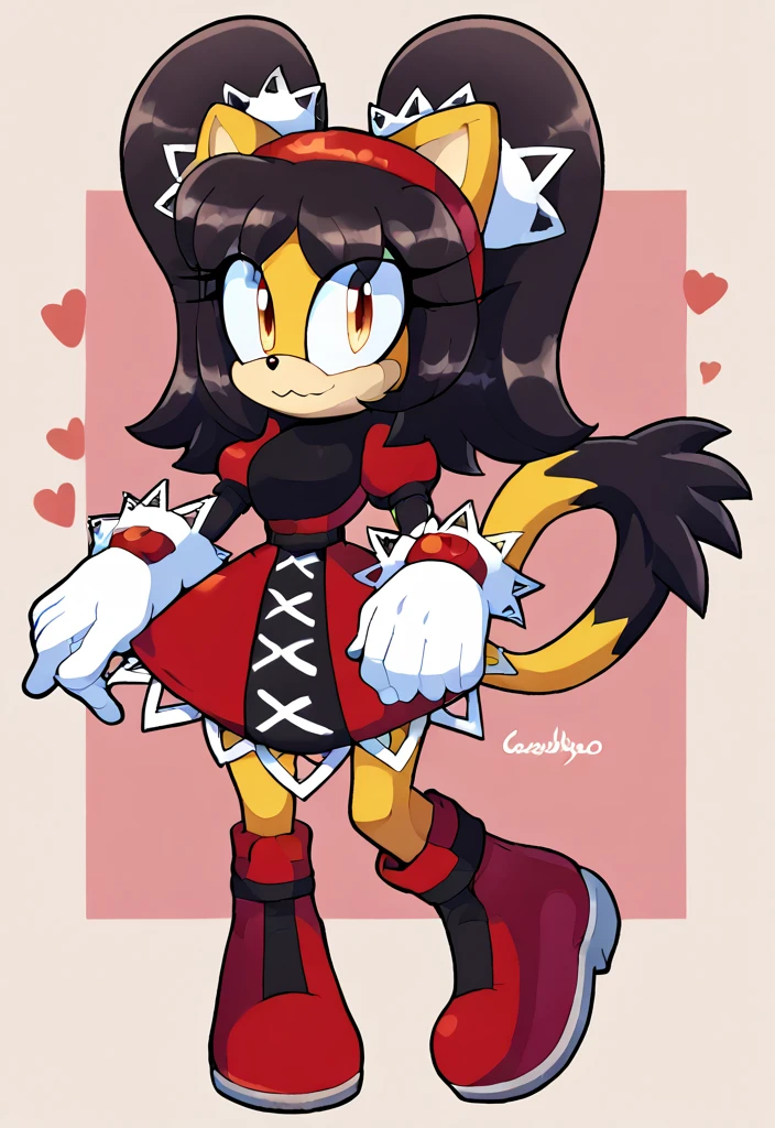 score_9, score_8_up, 2D, looking at viewer, 1girl, very detailed, honey the cat from the sonic the hedgehog series, full body, wide hips, narrow waist, curvy body, red dress, big , frilly hair ties, open mout, open hands, wide eyes, black hair, twin tails hair, red dress with a white trim, heart-shaped part in clothes, heart-shaped part in cloth, red boots whit white cuffs, red headband, white gloves white red cuffs, black stockings, sem fundo,