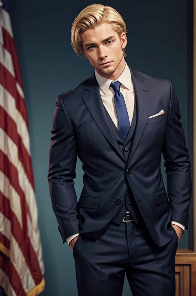 Handsome American man with blonde hair and masculine build. He is wearing a classic dark American suit. There is an American flag in the background.