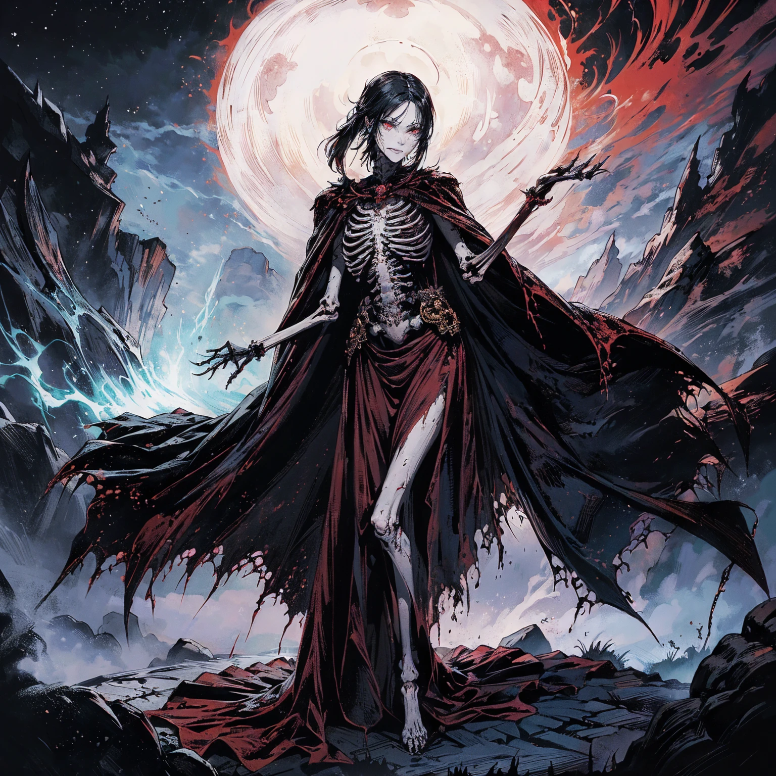 (full body:1.5), (wide shot:1.2), best quality, 4K, high resolution, (masterpiece:1.2), Very detailed, (actual:1.37), (anatomically correct:1.2), Mood lighting, A black hair young undead girl in a long cape, Whole body including hands & arms & legs & feet are all skeleton bones but except the head is still beautiful human face, Wearing a ragged gothic skirt, Shaded expression, Aloofness emotion, Dangerous sneer, beautiful but sorrowful smile, Black tears of blood flowed from eyes, lean on one side floating above ground, Facing the camera, Crucified, Pitch black sky, Blood-red moon, strange atmosphere, Gothic style, Unforgettable beauty, Dramatic shadows, Ethereal Light, Mysterious atmosphere, Necromancer, Dark Magic, Resurrection of the Dead, Resurrected zombies and skeletons roaming around, bone dragon, pathfinder: wrath of the righteous: lich myth path.