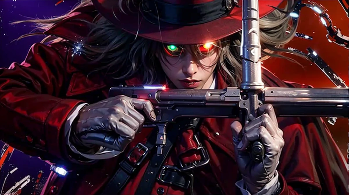 Alucard from hellsing, holding two guns, red top hat and red coat