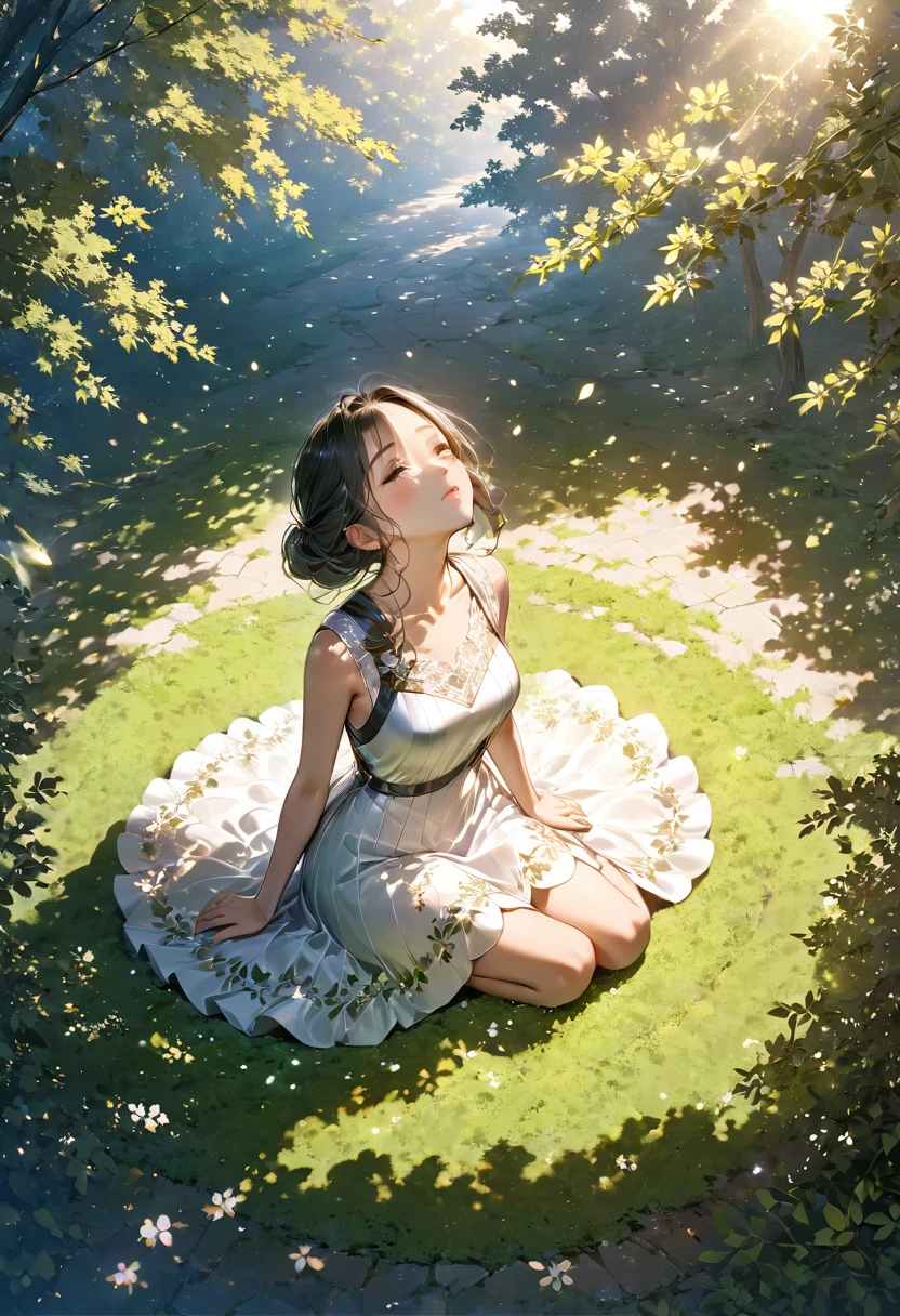 (masterpiece, best quality:1.2), (from above:1.5), solo, a cute lady, sentimental, gentle breeze, (sitting on the ground looking up at the sky:1.3), white long one piece dress, sit with legs apart, The leaves of the trees are dancing and the light is reflecting diffusely, Generated in SFW, ARW