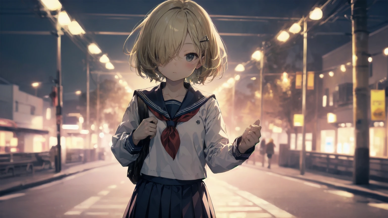 Highest quality, Anime Moe Art Style,Best Anime 8K Konachan Wallpaper,Pixiv Contest Winners,Perfect Anatomy, (Please draw a girl walking sleepily to school..... ),break, 1 girl, (alone,,,:1.3),high school student, short hair, amount, (Hair above one eye:1.7),All limbs, Full Finger,Mid-chest, Between the legs, Small eyes,accurate black eyes, Hair Clip, (Sailor suit:1.5),(school uniform:1.5) skirt,On the way to school. break,Very detailed,High resolution,Ultra-Dense Skin, Professional Lighting,8K eye detail, (Cute illustrations:1.2),blonde,blonde hair,Expressionless,(Hair on one eye:1.5),Sailor suit