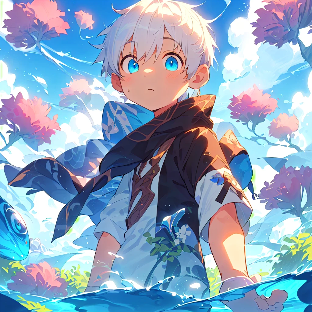 Shota with white hair and white socks walks in the sea of flowers,Stylized anime, Lovely character, Anime style, Inspired by Goro Fujita, Produced in collaboration with Anime Painter Studio, loish and Goro Fujita, anime boy, Lalafer, 🍁 Lovely, Anime Characters, Lovely cartoon character, Close-up characters, Anime style角色, Very stylized character design