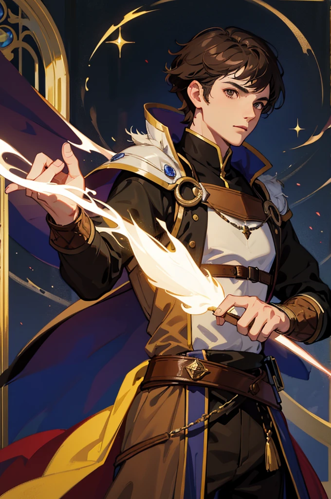 male, man, dark brown hair, short hair, brown eyes, fantasy, medieval clothes, mage, magic
