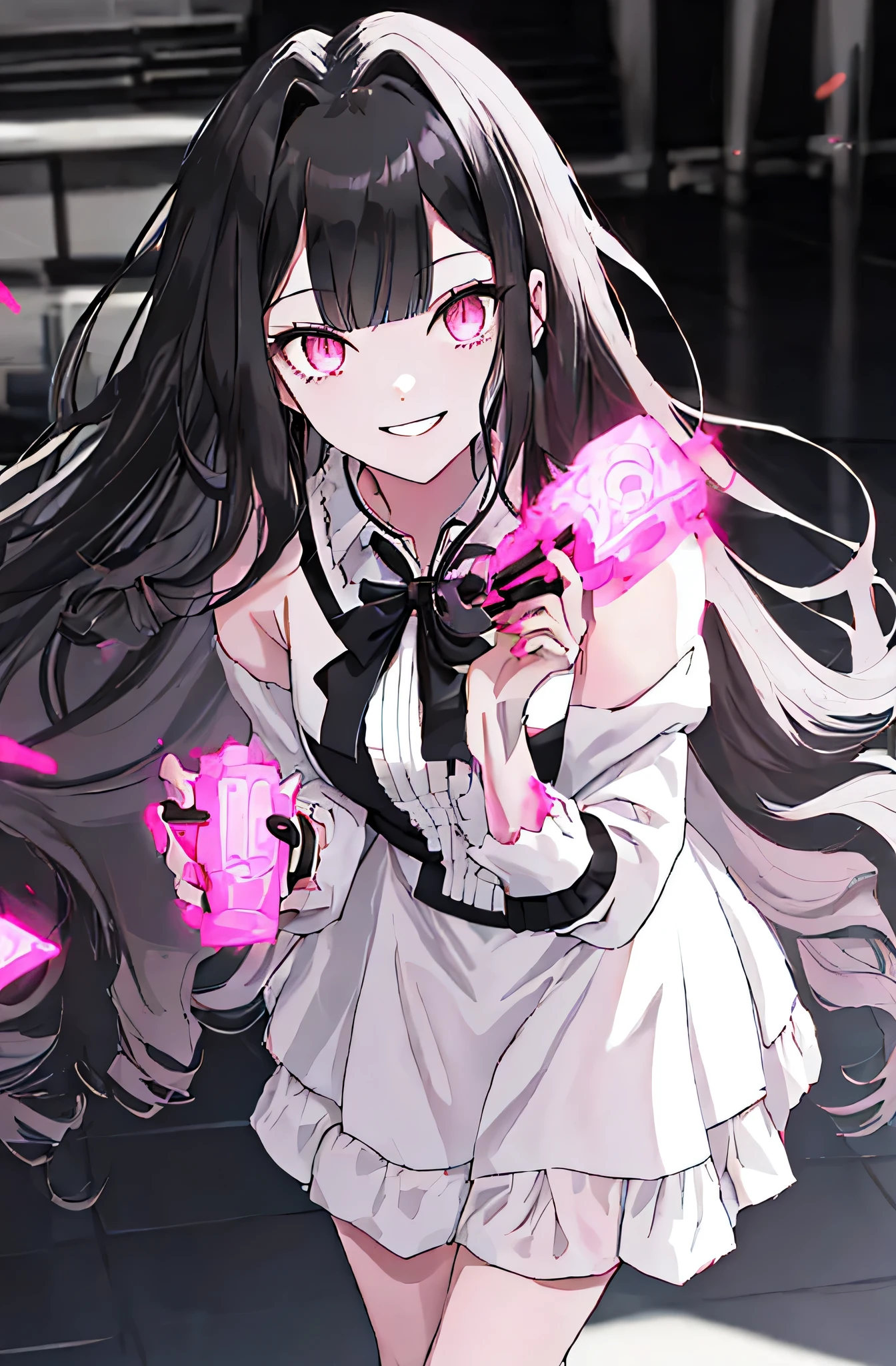 (solo), (girl),(((adult))), (pink eyes),(black long hair),(blunt bangs),(+perfect hand+:1.21),(Draw an illustration of cute girl),(slender),white skin,(white and black maid clothes),laugh,smile,((((adult)))),standing , black and white clothes,((black long hair)),((black long hair)),((black long hair)),((black long hair)),((dynamic angle)),(dynamic pose),party hall,evil smile,((full body)),