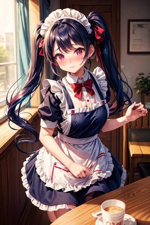 One woman,Cafe Waitress,Navy Blue Hair,Twin tails,big tail,Red ta Maid Outfit,apron,Deep pink eyes,blush,Embarrassed face,Looking this way