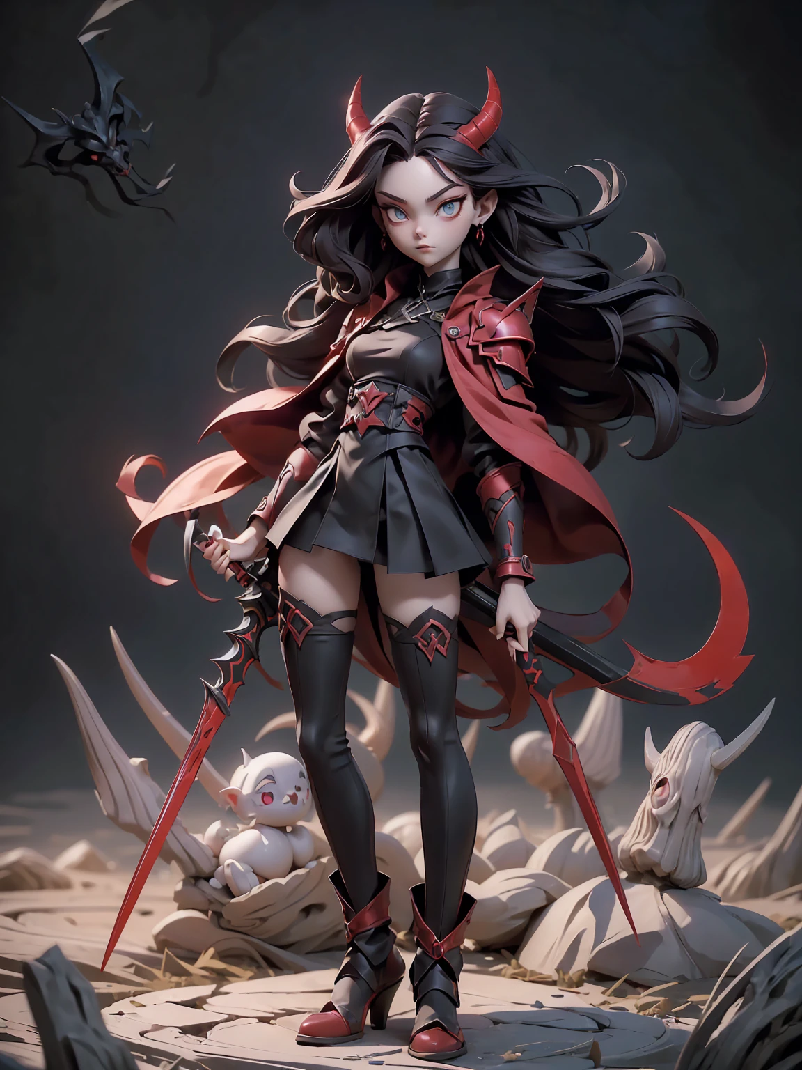 (((Best Quality))), (((Masterpiece))), ((Realistic)) ((full body shot)) slender cute pale demon girl, pointing ears, (red colored eyes), short stylish black hair, wearing demon armor (intricate details) holding a giant demon stylish scythe.