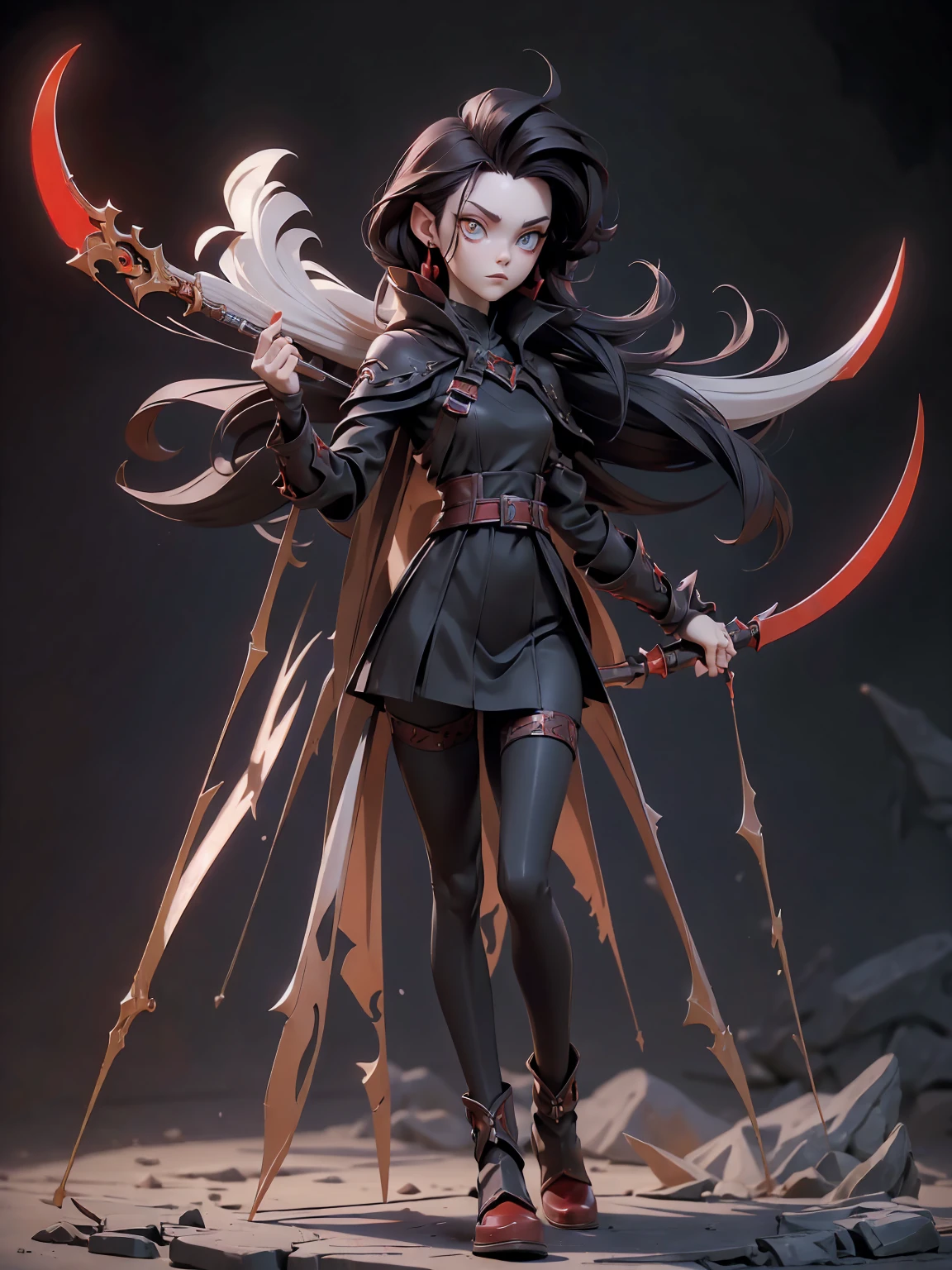 (((Best Quality))), (((Masterpiece))), ((Realistic)) ((full body shot)) slender cute pale demon girl, pointing ears, (red colored eyes), short stylish black hair, wearing demon armor (intricate details) holding a giant demon stylish scythe.