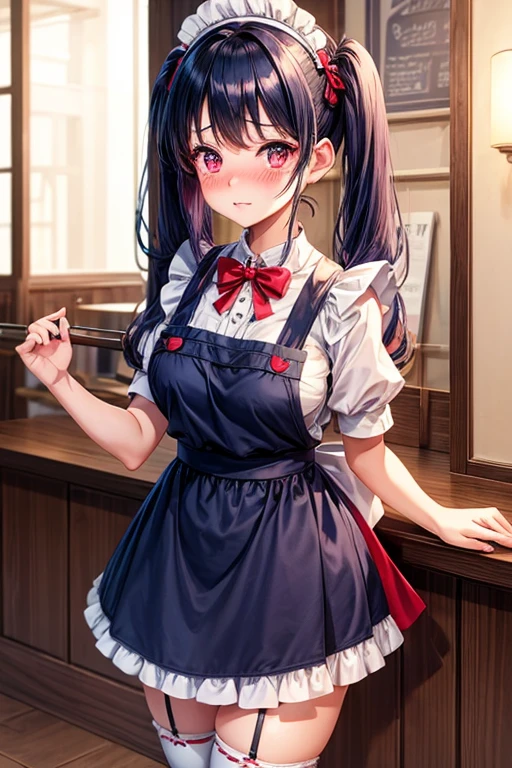 One woman,Cafe Waitress,Navy Blue Hair,Twin tails,big tail,Red Lolita Maid Outfit,apron,Deep pink eyes,blush,Embarrassed face,Looking this way