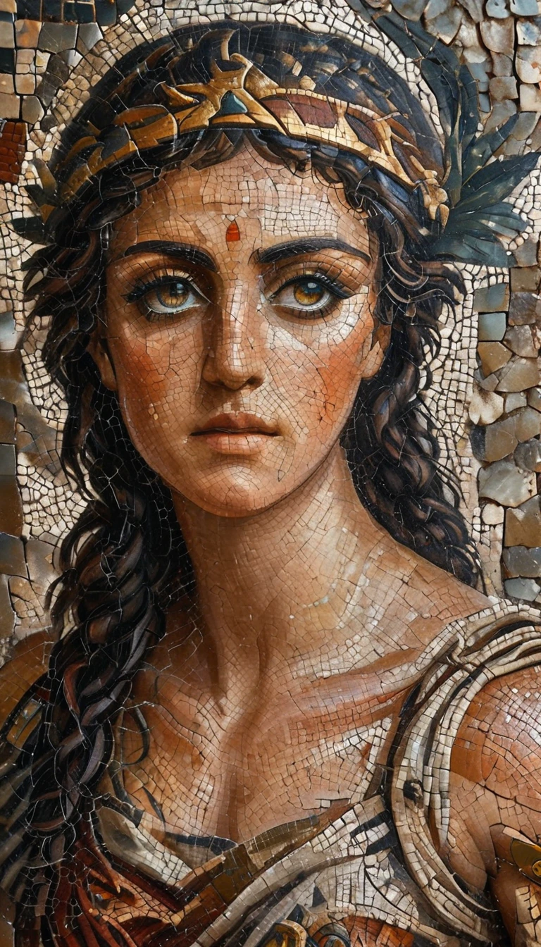 ancient Greek mosaic art of an amazon warrior, beautiful amazon warrior, ((full body shot: 1.5)), ((anatomically correct: 1.5)) (ultra detailed face: 1.4), dynamic skin complexion, dynamic hair style, dynamic hair color, she is wearing (ancient Greek armor: 1.3), (armed with a Greek short sword: 1.2), dynamic background, vibrant, Ultra-high resolution, High Contrast, (masterpiece:1.5), highest quality, Best aesthetics), best details, best quality, highres, 16k, [ultra detailed], masterpiece, best quality, (extremely detailed) RAW, fantasy art, dnd art, fantasy art, realistic art, (ultra details, Masterpiece, best quality), Intense gaze