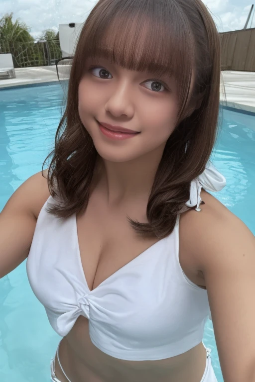 gorgeous woman, 1 girl, white bikini swimsuit:1.2, skinny, healthy, perfect body:1.2, abs:1.1, dark brown hair:1.1, rain wet, wet body:1.2, night pool room:1.6, ultra-detailed face, detailed lips, detailed eyes, double eyelids, pubic hair, black skin, trimmed bangs, shy smile, (best quality,8k,masterpiece:1.3)