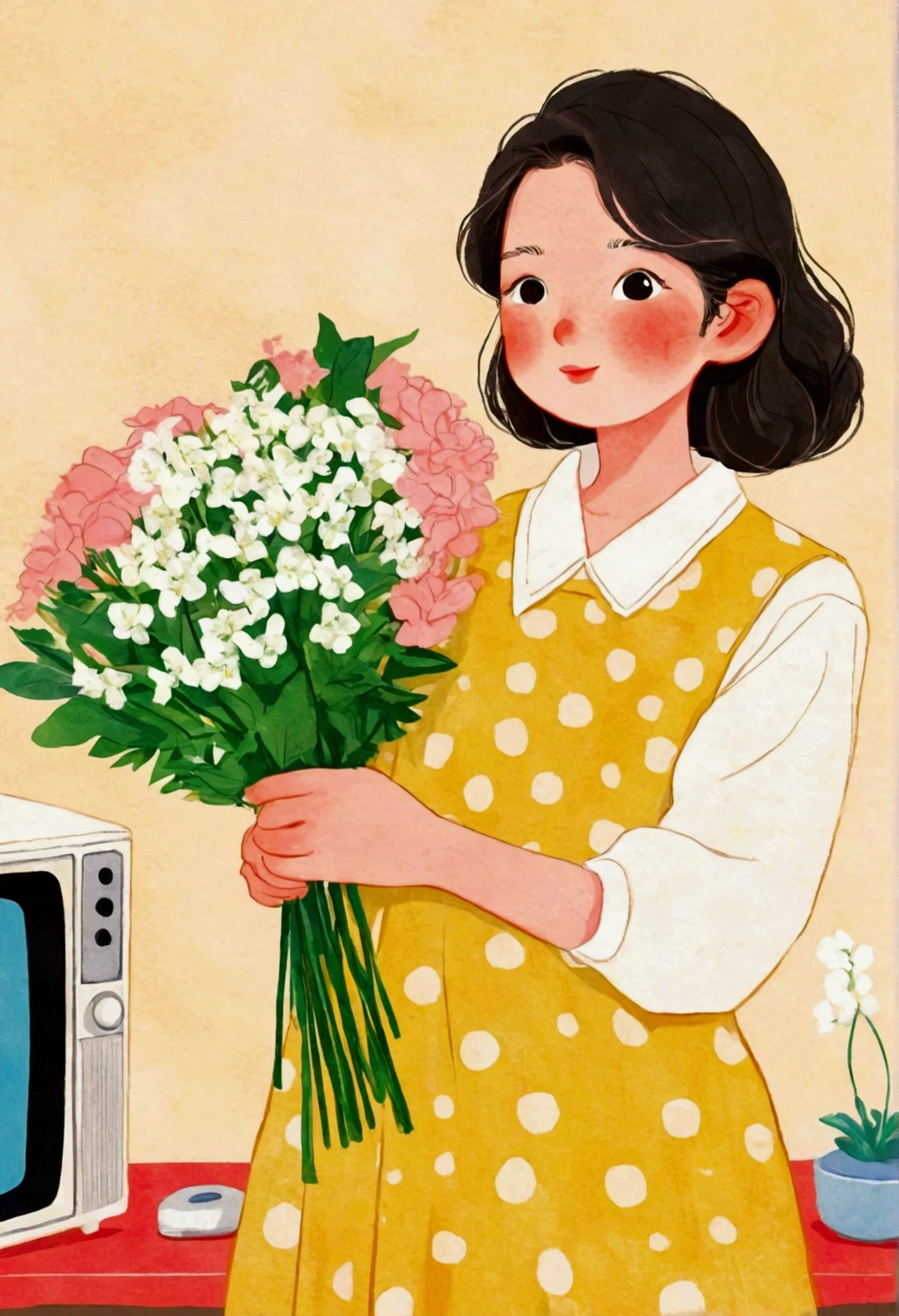 A woman standing in front of the TV,Holding flowers in hands, illustration, 杂志illustration, Japanese illustrator, illustration, in style of 数码illustration, 杂志illustrations, Illustration style, 数码illustration -, Inspired by Kano Takanobu, 数码illustration, lo-fi Illustration style, 数字艺术illustration, author:Nobutada Yanagawa, 社论illustration丰富多彩