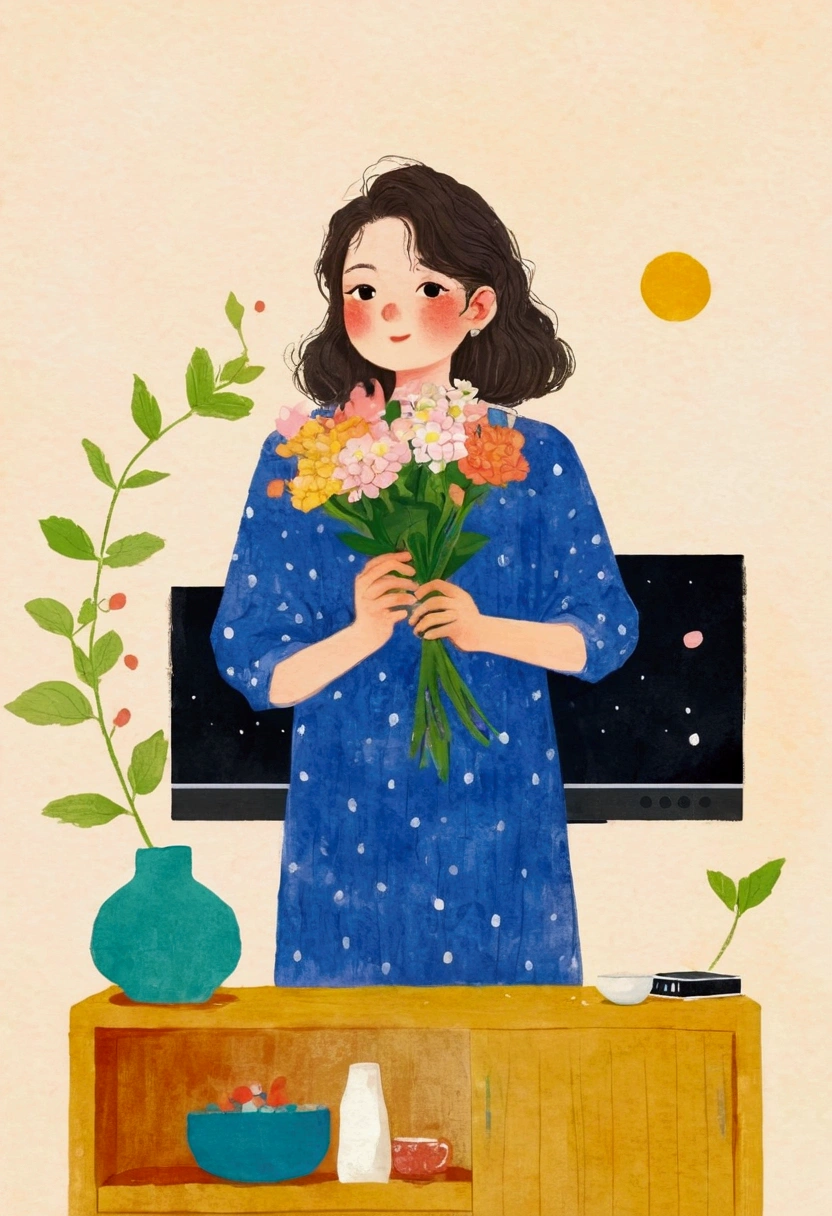 A woman standing in front of the TV,Holding flowers in hands, Kano Takanobu (Kan'o Takanobu) inspired digital painting, behance, Childish Art, illustration, 杂志illustration, Japanese illustrator, illustration, in style of 数码illustration, 杂志illustrations, Illustration style, 数码illustration -, lo-fi Illustration style, 数码illustration, 数字艺术illustration