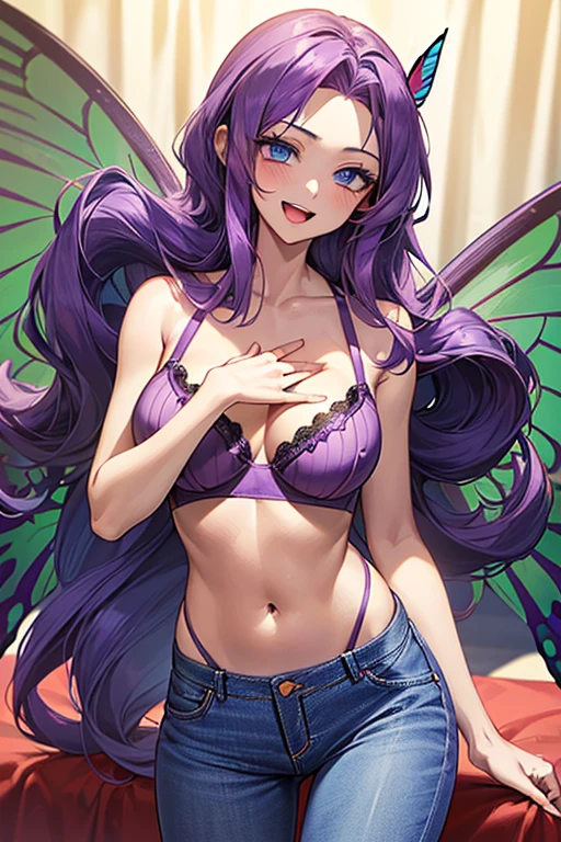 (((red bra)), Very detailed、highest quality、Best image quality、masterpiece、8k、Anime Face、A kind smile、Open Mouth、(purple long hair:1.5)、big breast, sexy、 beautiful body 、Cowboy Shot, Sexual Intercourse, ((blue eyes)), hotel bedroom, (((Jeans))),(((butterfly wings))