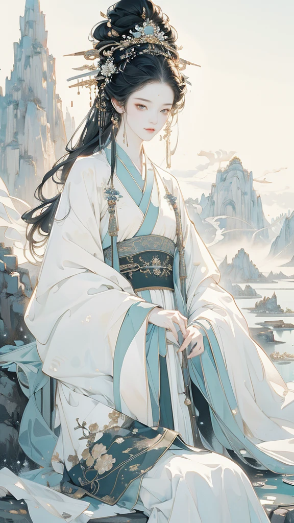 Masterpiece, best quality, 4k, absurd, simple background, 1 girl, (solo), (Hanfu), long skirt, white, sitting by the river, central composition, white decoration, black hair, dreamy, (cute face), chest, sky background, (long hair), pond, distant mountain, Li Hui, front, (looking at the audience), central composition, half, dreaming, fantasy, close-up, (sky), outdoor, long eyes, No excess, no ribbons, blurry background, (no hair accessories), lighting, lighting, sunlight, lighting effects, CG digital rendering,negative_hand, snow