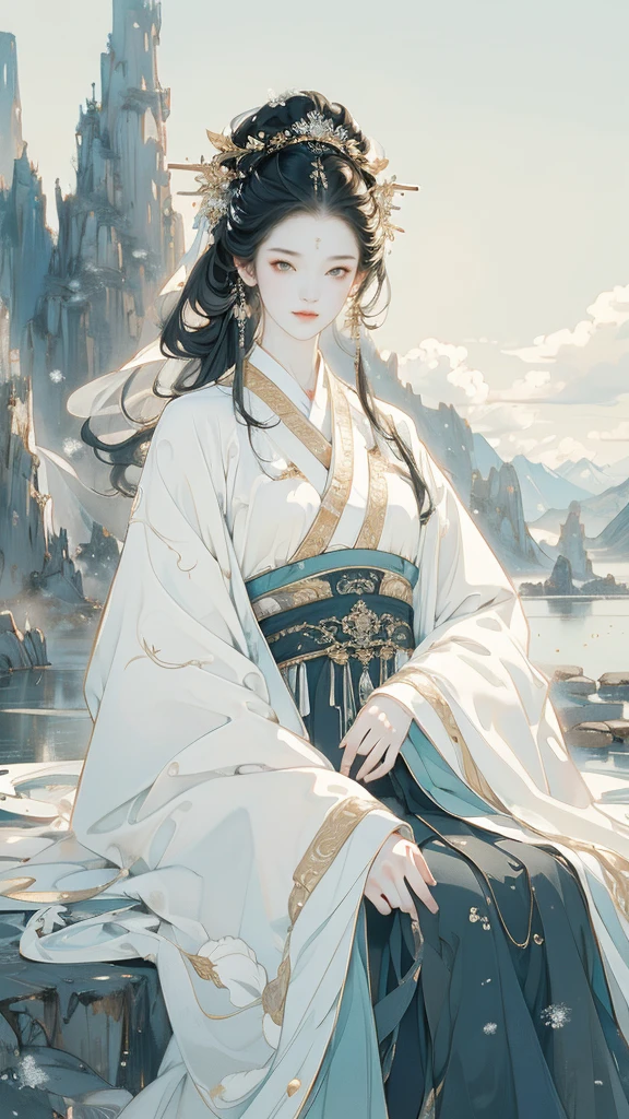 Masterpiece, best quality, 4k, absurd, simple background, 1 girl, (solo), (Hanfu), long skirt, white, sitting by the river, central composition, white decoration, black hair, dreamy, (cute face), chest, sky background, (long hair), pond, distant mountain, Li Hui, front, (looking at the audience), central composition, half, dreaming, fantasy, close-up, (sky), outdoor, long eyes, No excess, no ribbons, blurry background, (no hair accessories), lighting, lighting, sunlight, lighting effects, CG digital rendering,negative_hand, snow