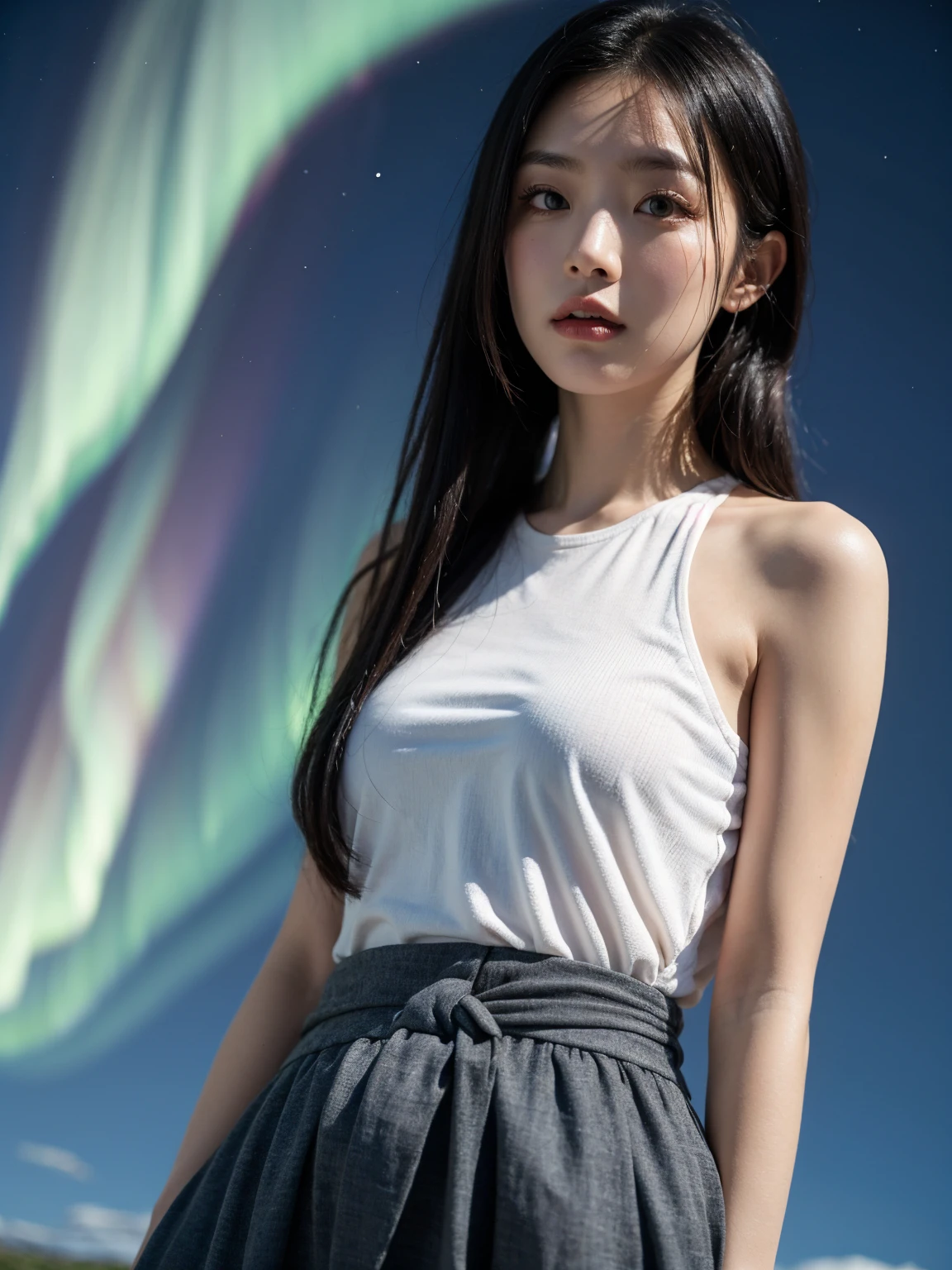 Aurora Background, Iceland, 1 woman, stylish clothes, Medium shot close-up up to the waist