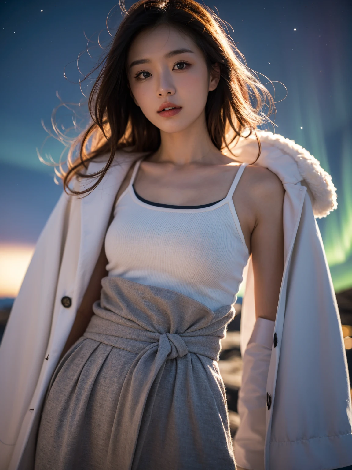 Aurora Background, Iceland, 1 woman, stylish clothes, Medium shot close-up up to the waist