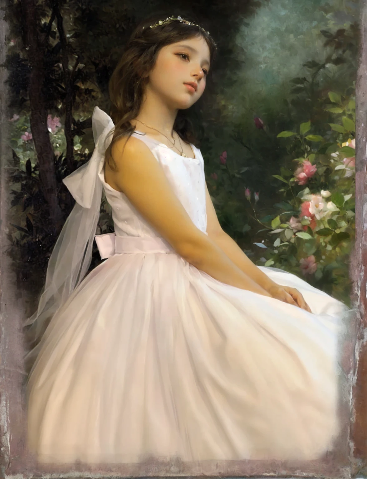 painting of a young girl in a white dress sitting in a garden, Portrait painting of a princess, portrait of fairy princess, princess portrait, Portrait of a princess, inspired by William-Adolphe Bouguereau, princess portrait, Pudica bouguereau style pose, classic portrait, beautiful languid princess, a stunning young ethereal figure