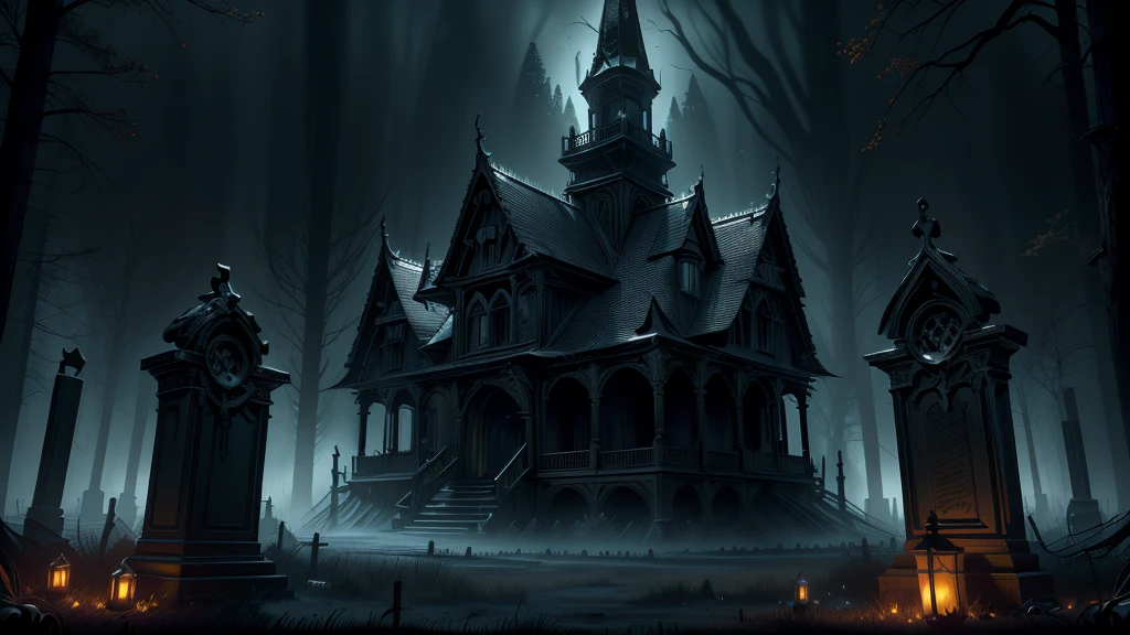 detailed intricate dark haunting halloween cemetery, dark forest, glowing ground, spooky atmosphere, gravestones, skeletons, crows, (best quality,4k,8k,highres,masterpiece:1.2),ultra-detailed,(realistic,photorealistic,photo-realistic:1.37),gothic horror,dramatic lighting,moody colors,dramatic shadows,mist,haunting,ominous,eerie,sinister