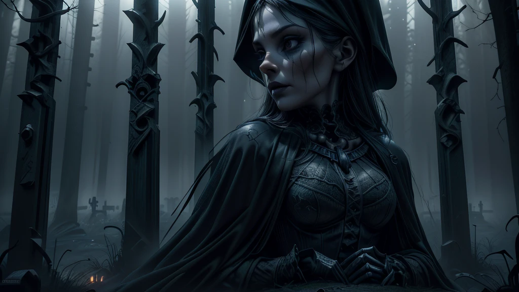 detailed intricate dark haunting halloween cemetery, dark forest, glowing ground, spooky atmosphere, gravestones, skeletons, crows, (best quality,4k,8k,highres,masterpiece:1.2),ultra-detailed,(realistic,photorealistic,photo-realistic:1.37),gothic horror,dramatic lighting,moody colors,dramatic shadows,mist,haunting,ominous,eerie,sinister