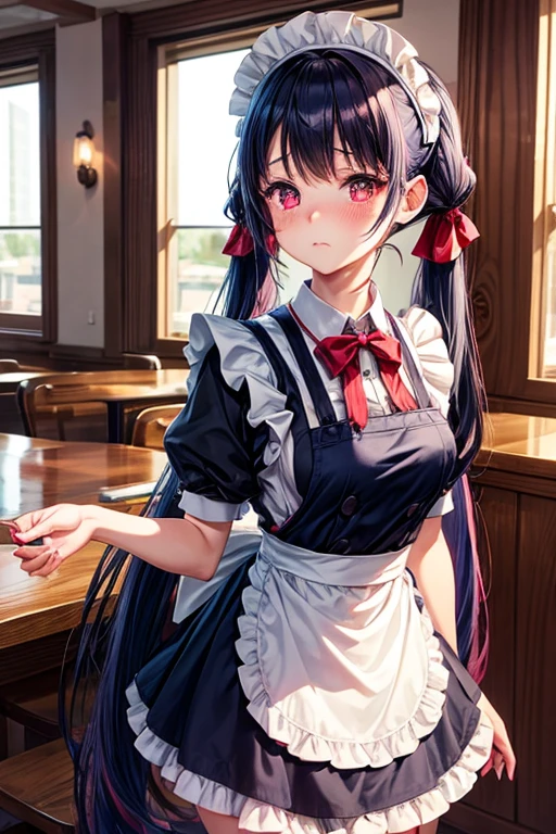 One woman,Cafe Waitress,navy blue_hair,Twin tails,big tail,red_Lolita maid outfit,apron,Deep pink eyes,red面,Embarrassed face,Looking this way