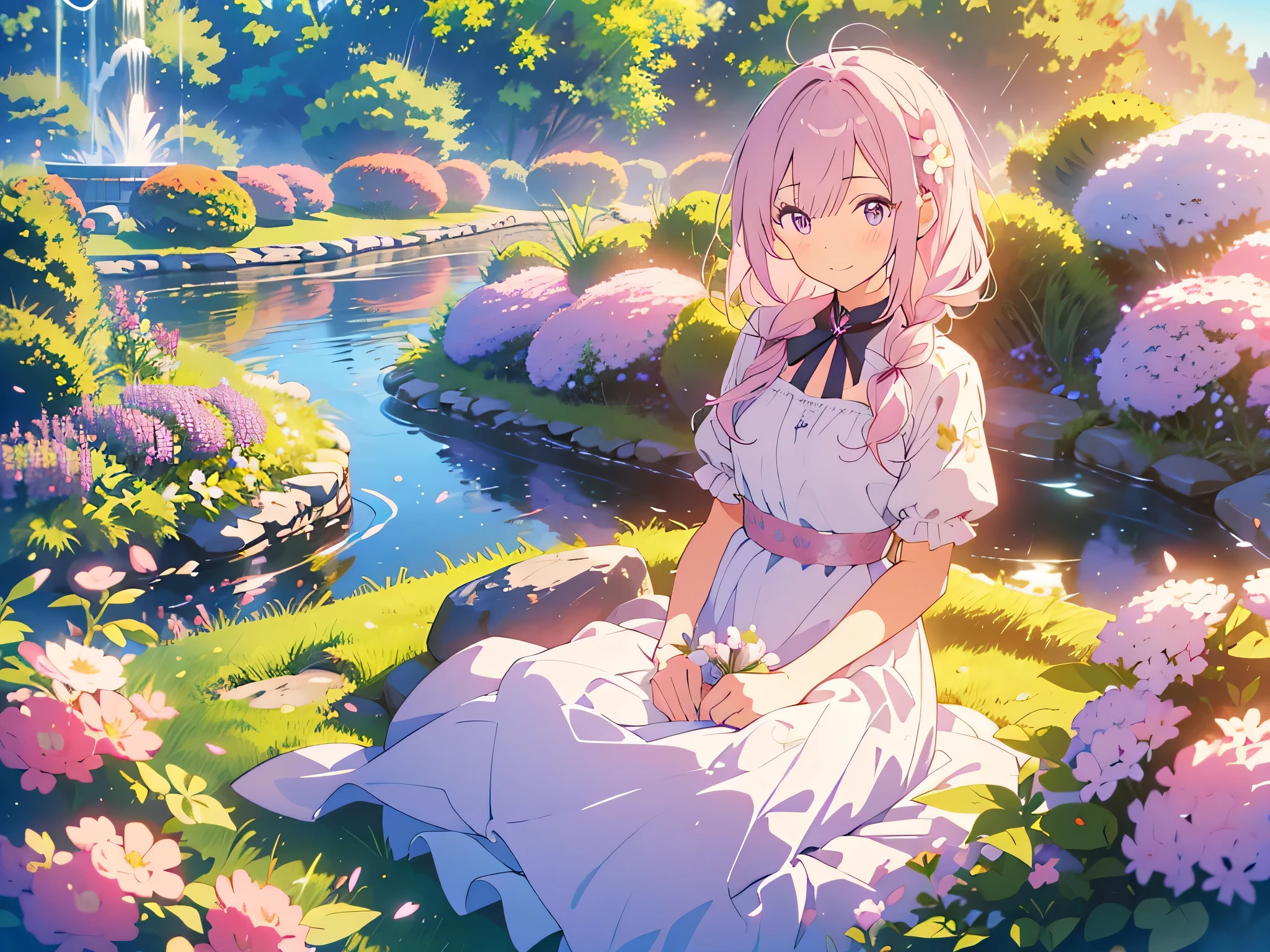 kawaii, anime, Cute, hyper quality, highly detailed, 8k, Clarity, Draw facial expressions in detail, A woman with long light pink hair and eyes, mature, look back at the front, suspicious smile, mischievous spirit, classic long dress, Dark purple and white moss phlox flowers cover the ground, grassy park date, Dark purple and white moss phlox covers the ground, fountain, stand with your hands behind your back, brick road, Flowers wet with dew, clear sky, whole body, black knee high socks, hairpin, turn over, 