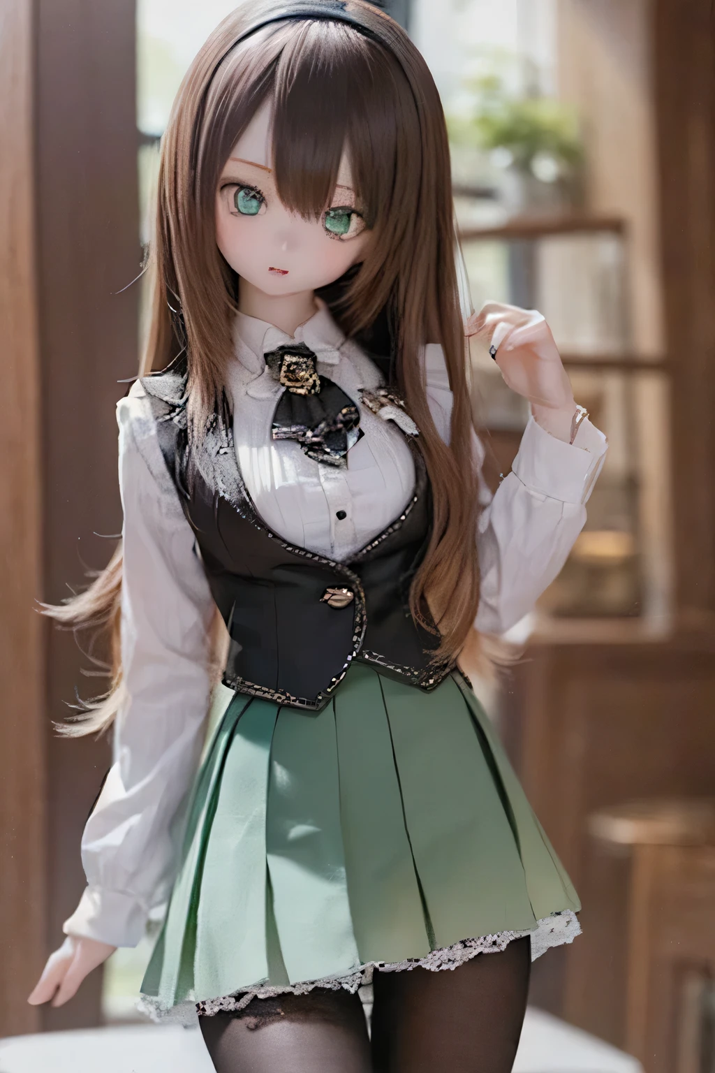 (SFW:2), photorealistic, realistic photo, 8k, ((highest quality)), ((masterpiece)), (extremely detailed), kukolnydom, doll, (mature woman, 21yo, 21 years old, solo:1.6), ((cowboy shot, stylish pose, slim, slender, skinny, medium breasts, hairband, ascot, vest, blouse, long puff sleeves, pleated skirt, black pantyhose)), (green eyes, brown hair, long hair, plastic skin, looking at another, glass eyes, gradient eyes, shining eyes, detailed eyes:1.3)