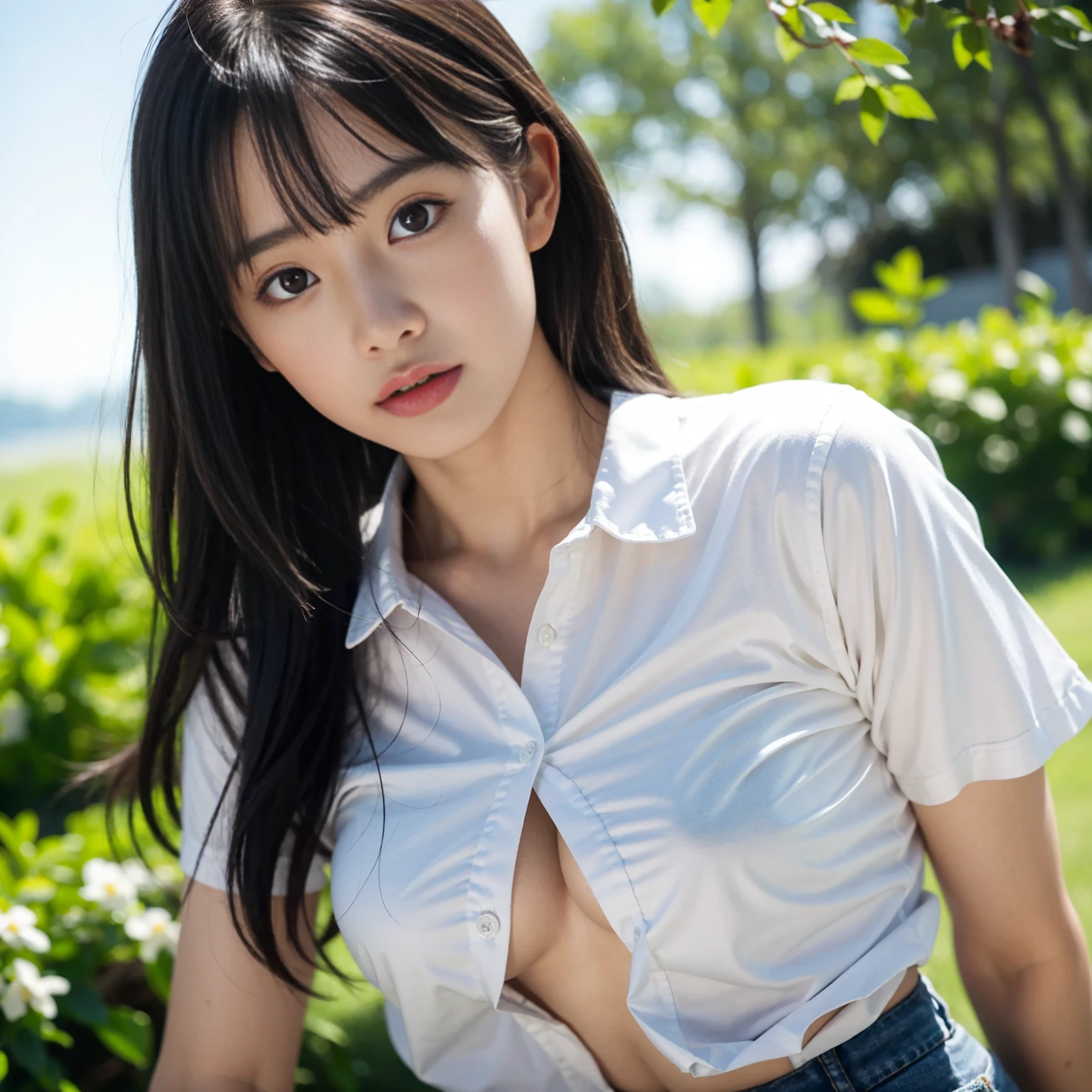 Highest quality、Ultra-high resolution、(Realistic)、18-year-old girl、((((Blouse open))))、((((I can see your nipples)))),Hyper Detail、Super Realistic、(Realistic)、More about beautiful skin、(masterpiece:1.0)、(Highest quality)、(Ultra-high resolution)、8k resolution、Canon EOS R5、135mm、Absurd、Very detailed、Sharp focus、Fine skin、(((Chirarizum、Small breasts)))