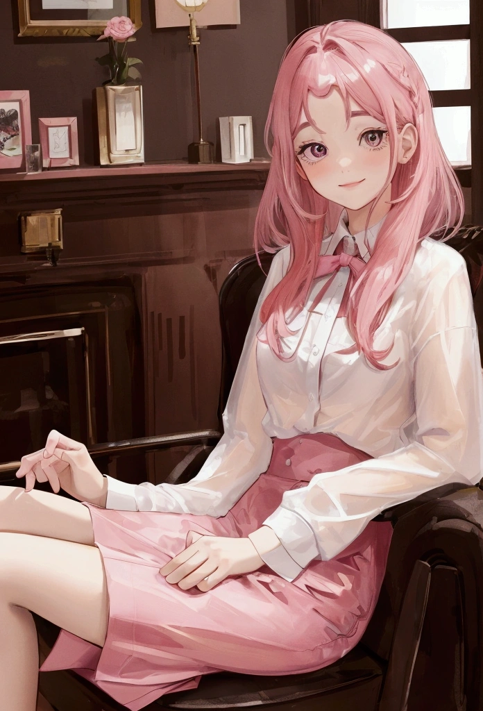 High-Quality Living Room with Sheer Shirt, Pink Hair, Big and Kind Eyes, Smiling with Symmetrical Face, Sitting on a Chair with Elbows Resting, Focus on the Face, Rosy Cheeks