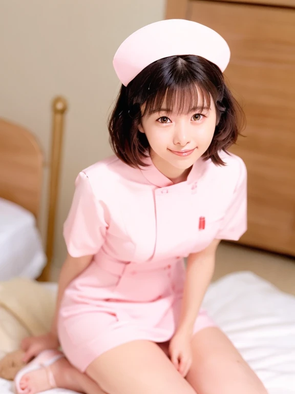 girl,alone, Shortcuts, bangs, Upstyle, Black Hair, nurse, Perfect Anatomy, nurse uniform, ((Nurse cap)), ((White costume)), Long skirt, hospital, (Close-up), 