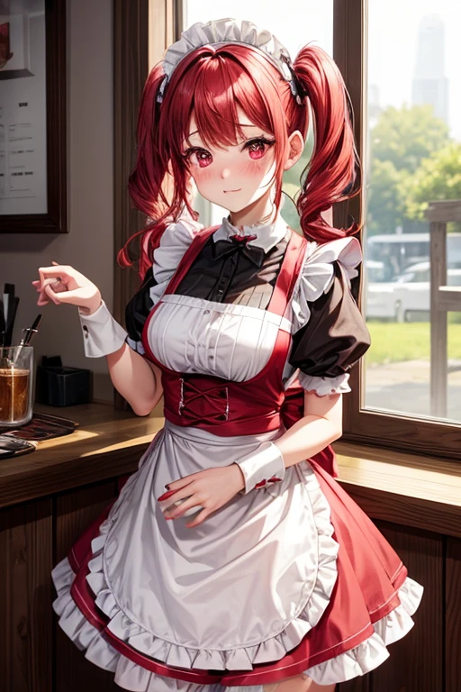 One woman,Cafe Waitress,red_hair,Twin tails,big tail,red_Lolita maid outfit,apron,Deep pink eyes,red面,Embarrassed face,Looking this way