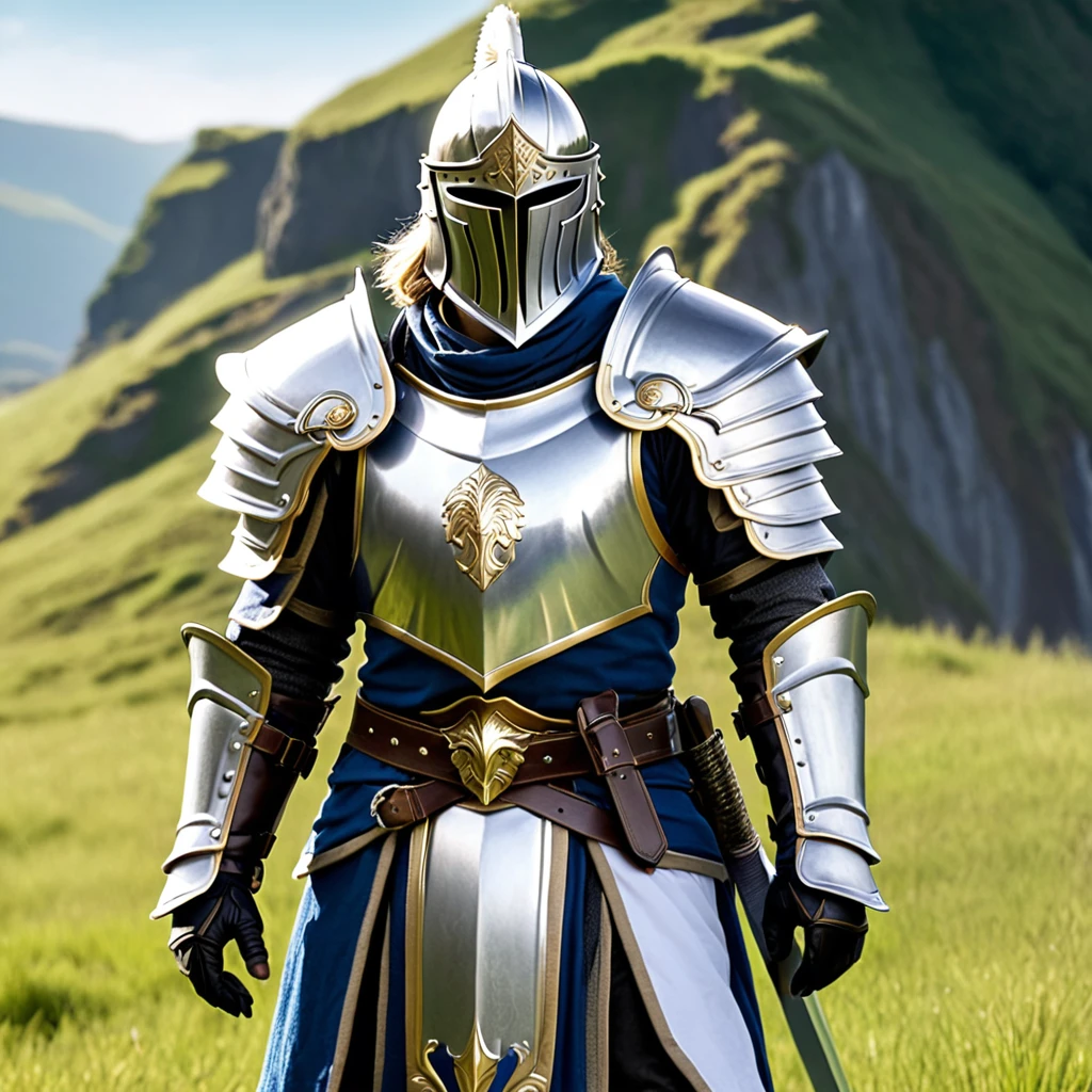 (((Western knights of the near future)))、(Absurd, Best HD images, Attention to detail and texture, Very detailed image, Solo characters only, Character body and design, Warcraft Alliance Factions - Aesthetics) {{(One character: Adult male infantry knight), (Face under helmet visor), (Greek-style silver-colored steel helmet with gold trim, Silver-grey helmet ponytail, Large, eye-catching silver epaulettes, Bulky silver breastplate, Silver Steel Elbow Plate, Silver Steel Gauntlet, Silver steel armor waist, Golden Belt, Silver Steel Boots, A large silver sword with a long, sharp blade.), (Hall々A pose,), (Green Hill Plain, Sunny blue sky)}}