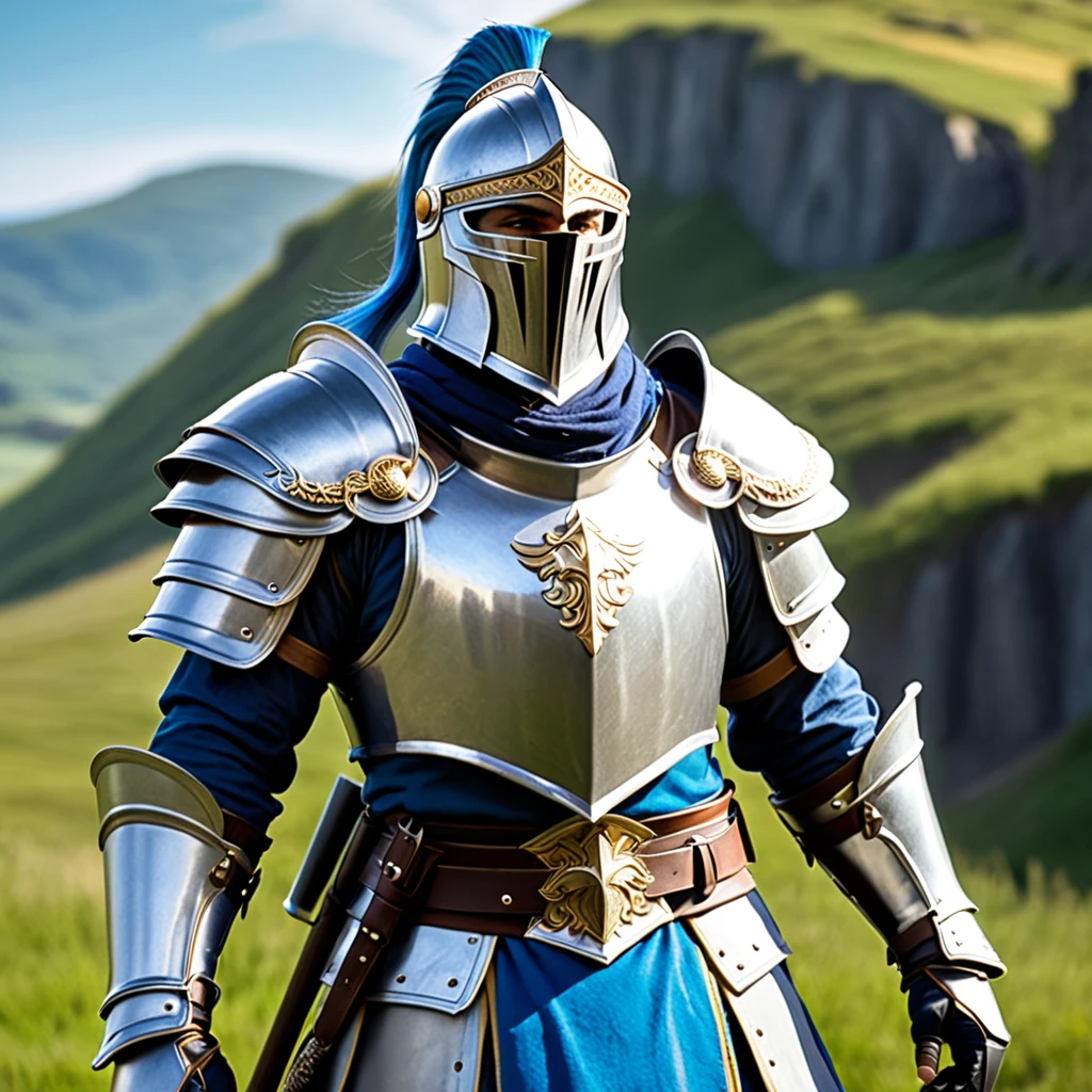 (((Western knights of the near future)))、(Absurd, Best HD images, Attention to detail and texture, Very detailed image, Solo characters only, Character body and design, Warcraft Alliance Factions - Aesthetics) {{(One character: Adult male infantry knight), (Face under helmet visor), (Greek-style silver-colored steel helmet with gold trim, Silver-grey helmet ponytail, Large, eye-catching silver epaulettes, Bulky silver breastplate, Silver Steel Elbow Plate, Silver Steel Gauntlet, Silver steel armor waist, Golden Belt, Silver Steel Boots, A large silver sword with a long, sharp blade.), (Hall々A pose,), (Green Hill Plain, Sunny blue sky)}}