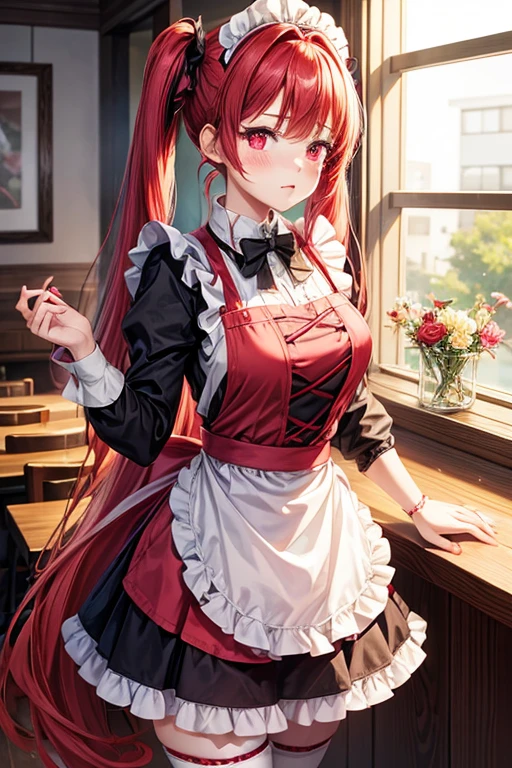 One woman,Cafe Waitress,red_hair,Twin tails,big tail,red_ta maid outfit,apron,Deep pink eyes,red面,Embarrassed face,Looking this way