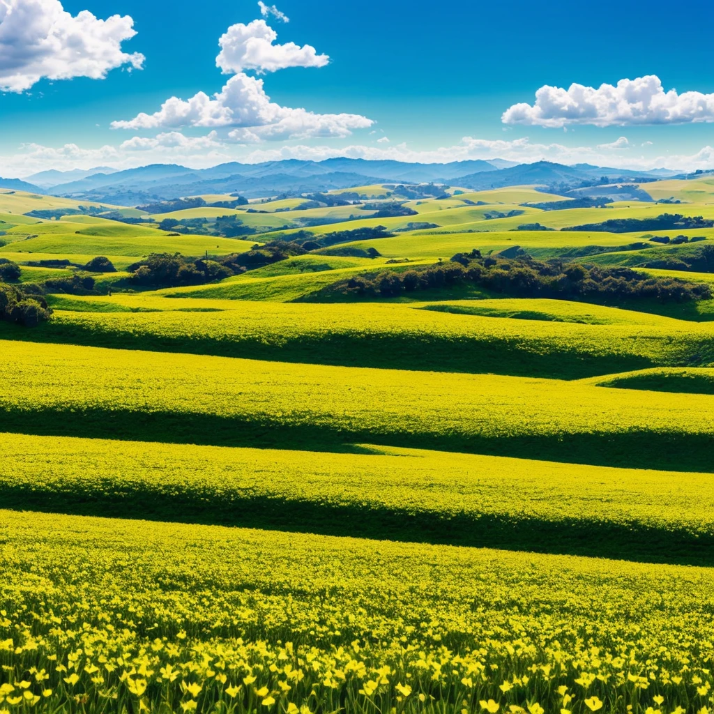 field region, repleto de flores, on a beautiful sunny morning, open area, durante a primavera, montanhas ao fundo da imagem, animation style, cartoon