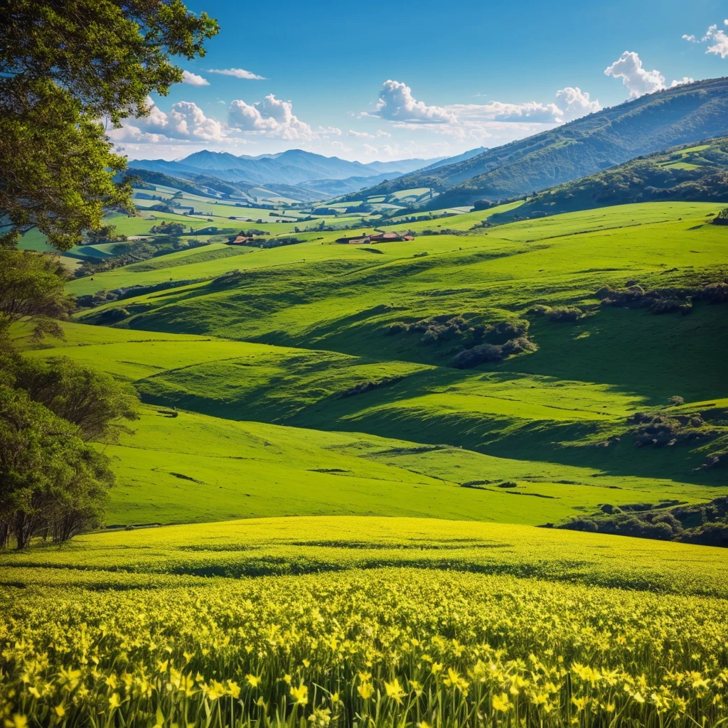 field region, repleto de flores, on a beautiful sunny morning, open area, durante a primavera, montanhas ao fundo da imagem, animation style, cartoon