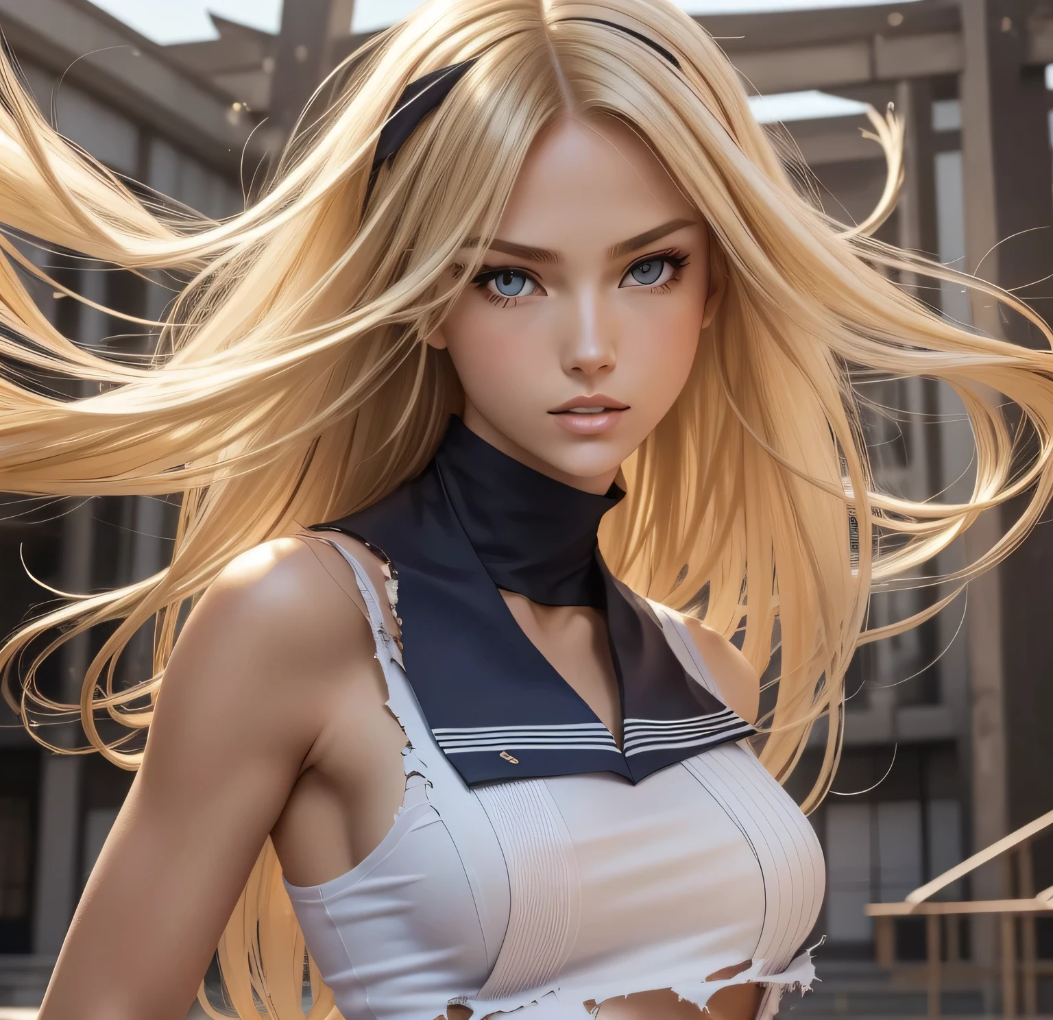 Scoop Neck,,beautiful caucasian woman,(((open neck))),slender body,light blond hair, Attractive posing, Full body, perfect detailed face, frame the head, glamour,damage costume,beautiful caucasian woman,slender full body,perfect detailed face, frame the head,wear torn,torn clothes,,,((a school girl in ripped Japanese sailor school uniform))
