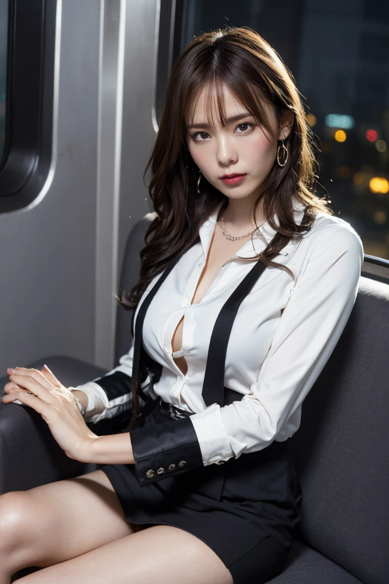 ((Upper Body))、(masterpiece:1.3), High resolution, Very detailed, Highly detailed CG Unity 8K wallpapers, Realistic, photo-Realistic, RAW Photos, Beautifully detailed face, Pale skin, Realistic glistening skin, Detailed cloth texture, Detailed hair texture, Perfect Style, Beautiful Face, Accurate, Anatomically correct, Very detailed顔と肌の質感, fine grain, Brown eyes, double eyelid, Thin eyebrows, (Droopy eyes:0.65), (Glitter Eyeliner:1.2), Natural Cheeks, Glowing Skin, (Fair skin:1.2), Shiny necklace and earrings, (Glossy Lips: 1.4),
break
(Classy and cute girl:1.3), (High ponytail hairstyles, Wavy Hair, Dark brown hair), (Captivating smile:1.2) (Wear an elegant business suit:1.3), (Black Stockings), Medium large breasts,
break
((Cowboy Shot:1.2)), (Cross-legged sitting pose:1.4), At the train door, ((Night city view:1.2)),
Show off your V-line、