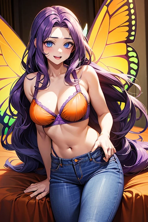 (((orange bra))), Very detailed、highest quality、Best image quality、masterpiece、8k、Anime Face、A kind smile、Open Mouth、(purple long hair:1.5)、big breast, sexy、 beautiful body 、Cowboy Shot, Sexual Intercourse, ((blue eyes)), hotel bedroom, (((Jeans))),(((butterfly wings))