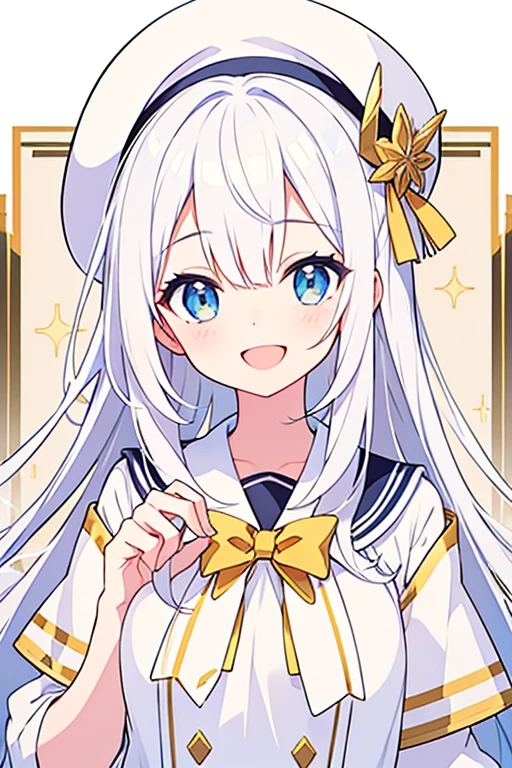 Smiling and open mouth、White hat with gold decoration、Long white hair、Sailor&#39;White uniform