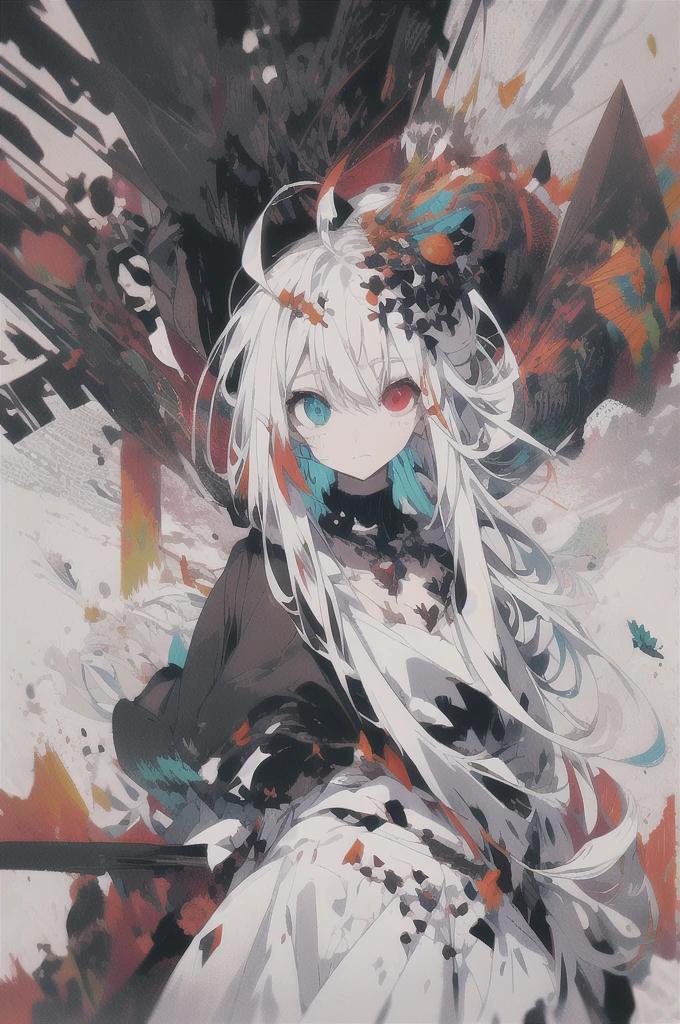 , (masterpiece:1.2), best quality,midjourney,
1girl, solo, long hair, white hair, looking at viewer, long sleeves, black dress, dress, own hands together, ahoge, very long hair, shirt, bangs, red hair, hair ornament, heterochromia, multicolored hair, pointy ears, purple eyes, white background, white shirt, closed mouth