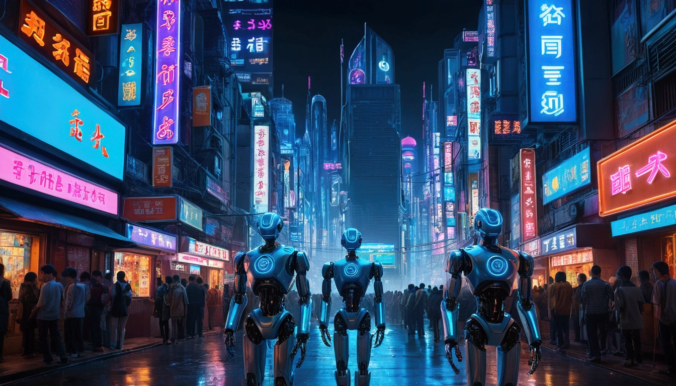 Image is a futuristic, cyberpunk-style scene set in a bustling city at night. The layout features two humanoid robots walking side by side in the center of a wide street, surrounded by a crowd of people. The robots have sleek, metallic bodies with glowing blue lines and intricate designs, giving them a high-tech appearance. Their faces are featureless, with illuminated blue visors. The background showcases tall buildings adorned with bright, colorful neon signs and advertisements in various languages, contributing to the vibrant, high-tech atmosphere. The overall scene is illuminated by the neon lights, creating a dynamic and immersive urban environment.