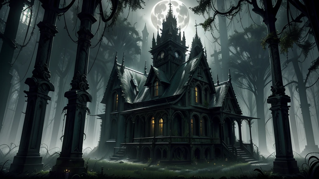 realistic cemitério, dark moody atmosphere, overgrown with moss and vines, abandoned crumbling tombstones, ornate gothic architecture, dramatic lighting, dramatic fog, moonlight, shadows, ravens, eerie ambience, detailed textures, intricate carvings, gloomy, melancholy