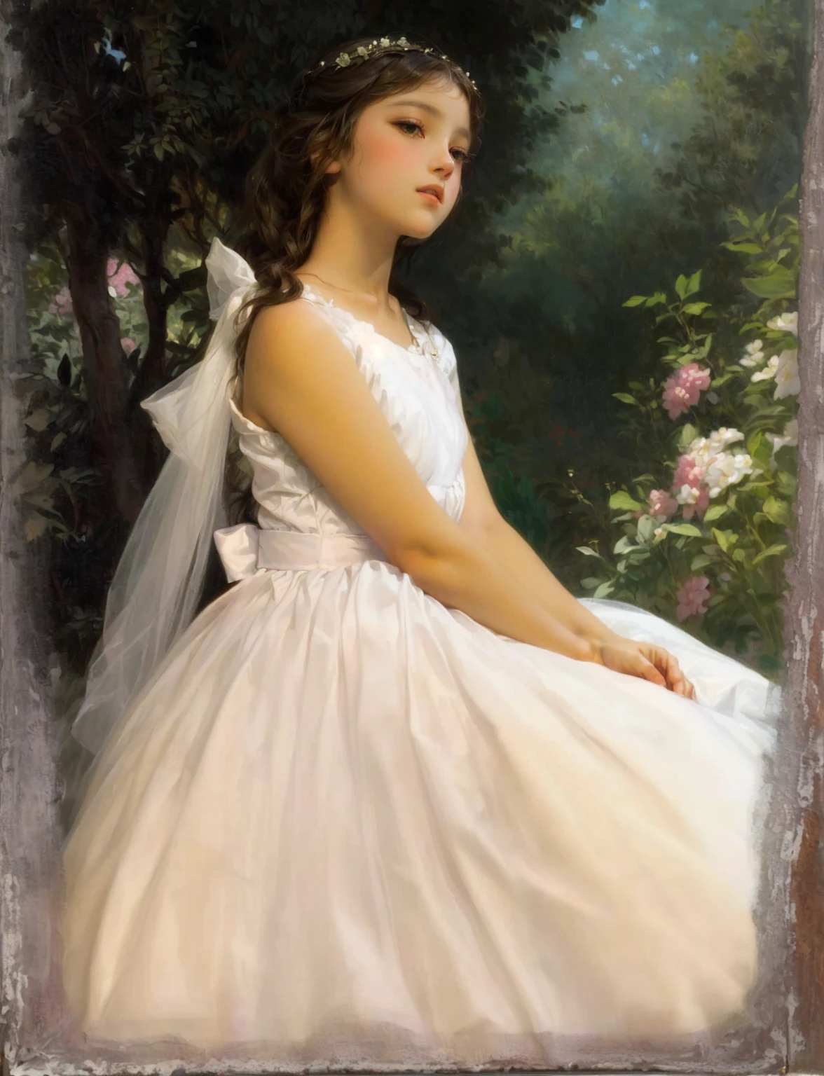 painting of a young girl in a white dress sitting in a garden, Portrait painting of a princess, portrait of fairy princess, princess portrait, Portrait of a princess, inspired by William-Adolphe Bouguereau, princess portrait, Pudica bouguereau style pose, classic portrait, beautiful languid princess, a stunning young ethereal figure